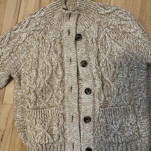 Talbots chunky cable knit cardigan in toasted coconut and white.